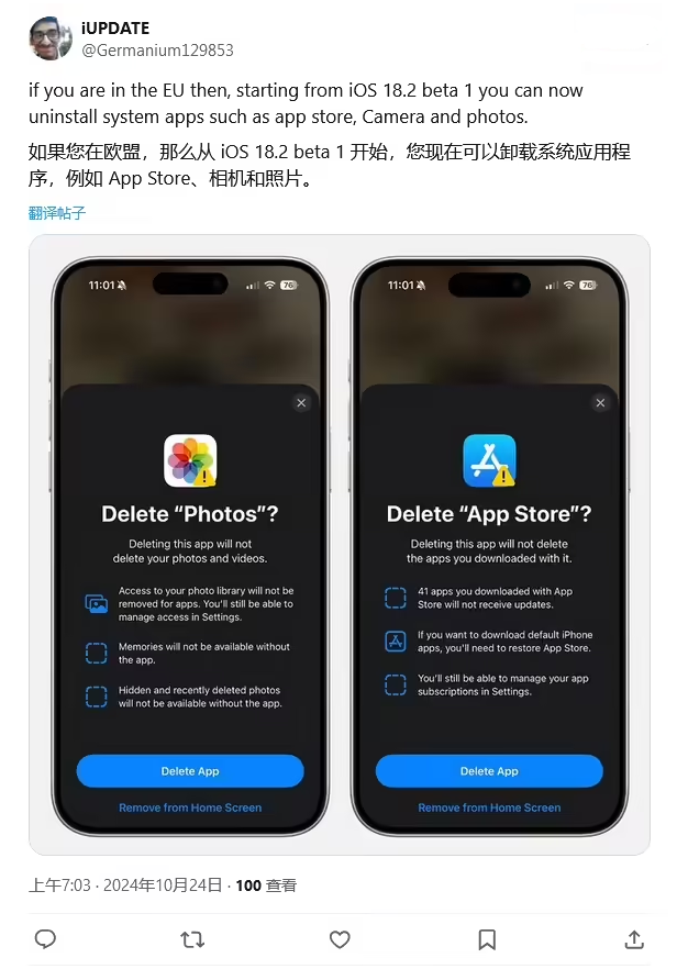 龙岩苹果手机维修分享iOS 18.2 支持删除 App Store 应用商店 