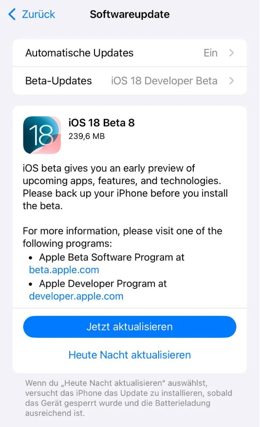 龙岩苹果手机维修分享苹果 iOS / iPadOS 18 开发者预览版 Beta 8 发布 